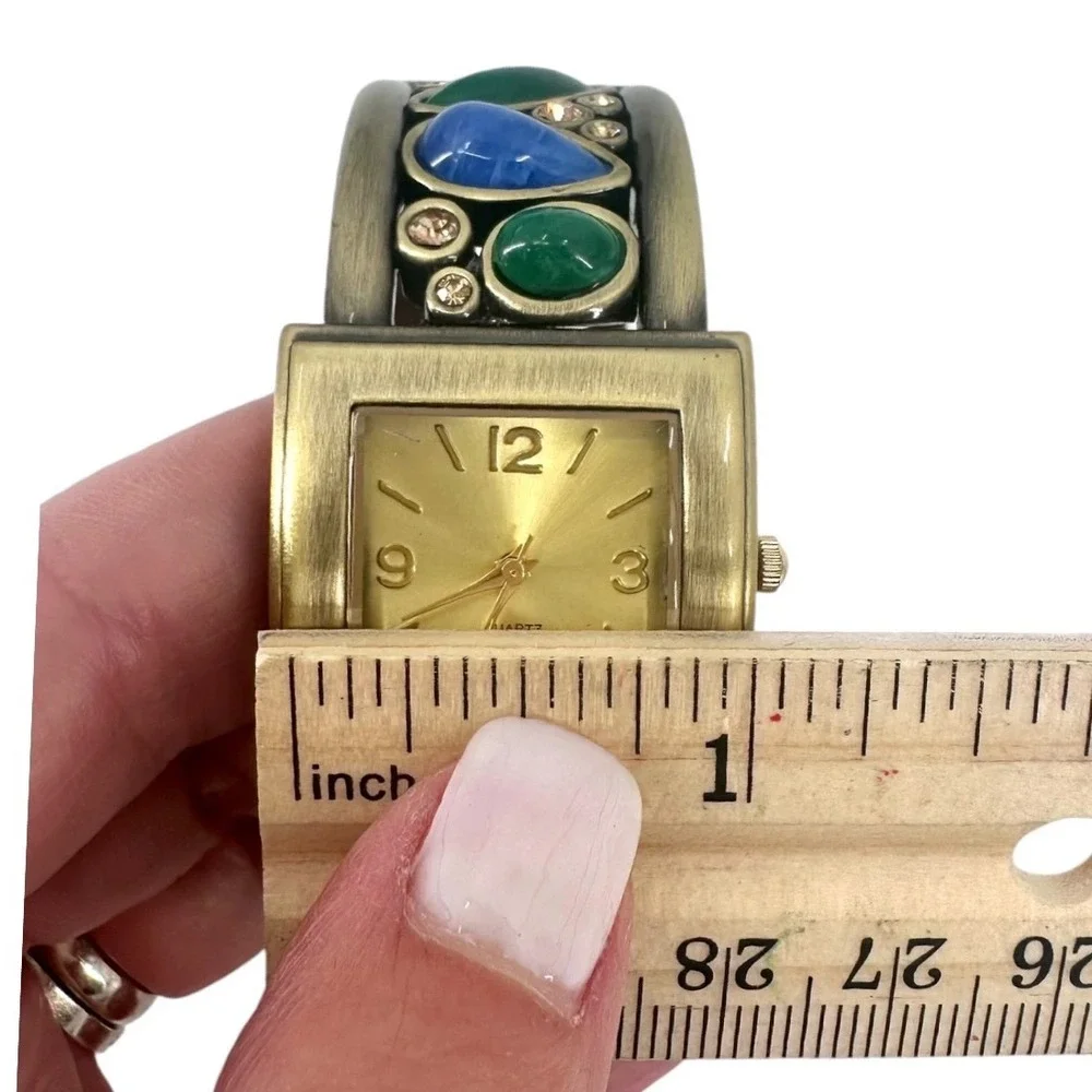Vintage Womens Cuff Bracelet Watch Cabochon Gold Tone Square Face New Battery